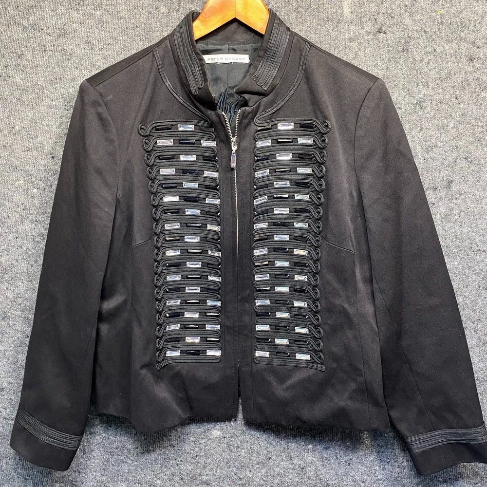 Peter Nygard Womens Black Embellished Military Style Jacket XL Cotton Blend Zip